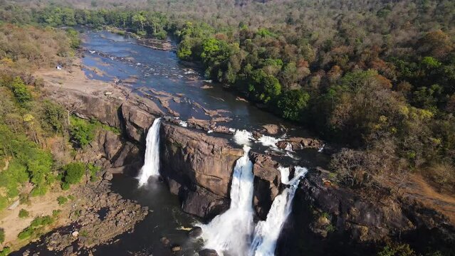 Aerial Drone View Athirappilly Water Falls In Chalakudy Taluk of Thrissur District In Kerala, India.