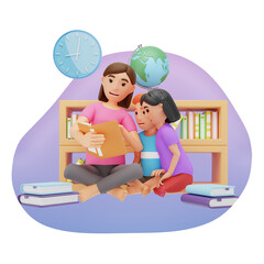 Preschool Teacher Reading Book For Kids, 3D Character Illustration