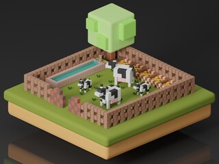 3D isometric pixel cowshed with tree in classic game on black background.