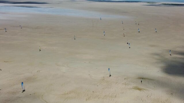 Aerial Shot of Blokarts on Sonderstrand Beach on Romo Island, Denmark. 4K Drone