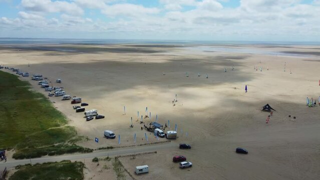 Aerial Shot of Blokarts on Sonderstrand Beach on Romo Island, Denmark. 4K Drone