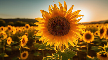 Obraz premium field of sunflowers and sun. Generative Ai