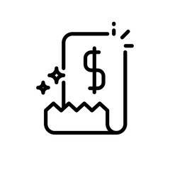 Receipt business and finance icon with black outline style. shop, form, lined, sale, retail, note, thin. Vector Illustration