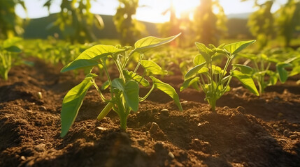 Close up of plants in the fertile soil of the farm, sunset, agribusiness, agro and planting
