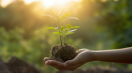Hand holding young plant with sunlight on green nature background. concept eco earth day agro, Generative ai