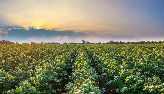 Cottons fields and blue sky with clouds, orn seedlings on a large, agricultural field, Watering plantation landscape of green carrot bushes. European organic farming. Growing food on the farm. Agroind