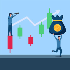 Business man run borrow money while other see through binocular for stock market. Metaphor of stock Investment.