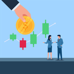 Business man and woman talk about stock investment. Metaphor of stock Investment illustration.