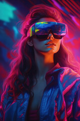 Portrait of a young girl wearing virtual reality goggles. Future technology concept. created with generative AI technology.
