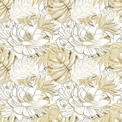 Tropical seamless pattern of lotuses and exotic plants. Golden outlines of flowers on white background. Seamless plant pattern for wallpaper, paper and backgrounds.