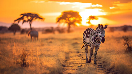 Obraz premium Zebra at sunset in the Serengeti National Park. Generative Ai