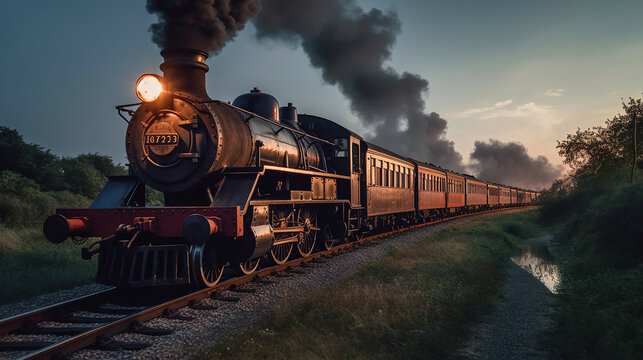 Vintage steam train with ancient locomotive and old carriages runs on the tracks in the countryside. Generative Ai