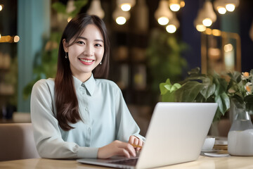 A happy Asian office girl working on her laptop in a cozy cafe, with a blurred background adding to the serene atmosphere. generative Ai.