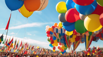 Colorful flags and decorative balloon for the Saint John party, which takes place in June in northeastern Brazil. Generative Ai - obrazy, fototapety, plakaty