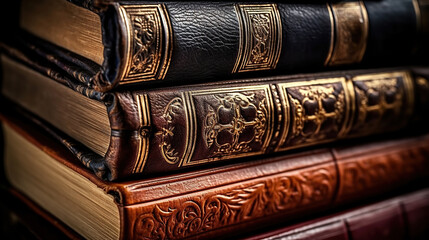 stack of antique leather bound books against a dark background. Generative Ai