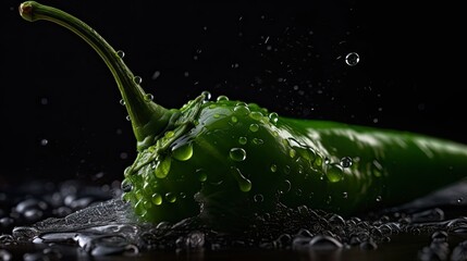 Green Chili hit by splashes of water with black blur background