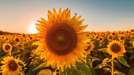 Obraz premium field of sunflowers and sun. Generative Ai