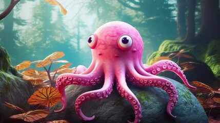 Fototapeta na wymiar Fabulous pink forest octopus on a stone in the forest. AI generation 