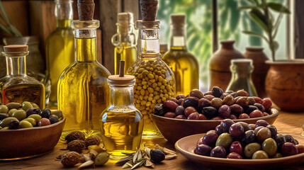 Freshly harvested olives berries in wood bowls and pressed oil in glass bottles. Generative Ai