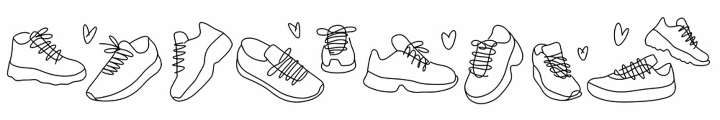 Horizontal illustration from a collection of various sneakers, the shoes are hand-drawn in the style of sneakers