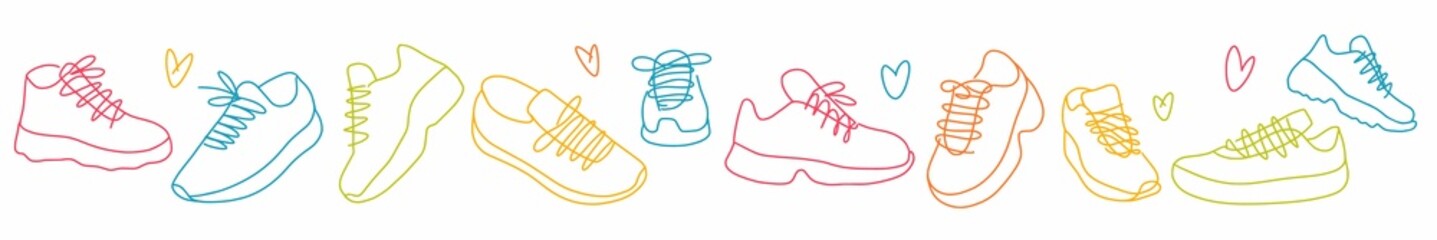 Horizontal illustration from a collection of various sneakers, the shoes are hand-drawn in the style of sneakers - obrazy, fototapety, plakaty