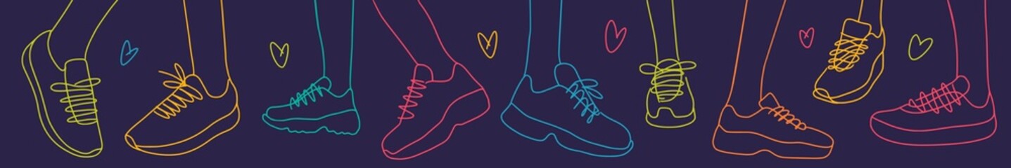 Illustration of feet in sneakers, shoes, hand-drawn in the style of doodles