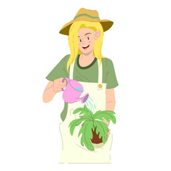 Young girl watering plants.  Go Green illustration. Eco concept