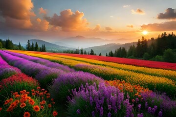Fototapeta na wymiar Field of blooming wildflowers in various vibrant colors
