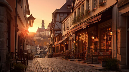 Old town in Europe at sunset with retro vintage. Generative Ai