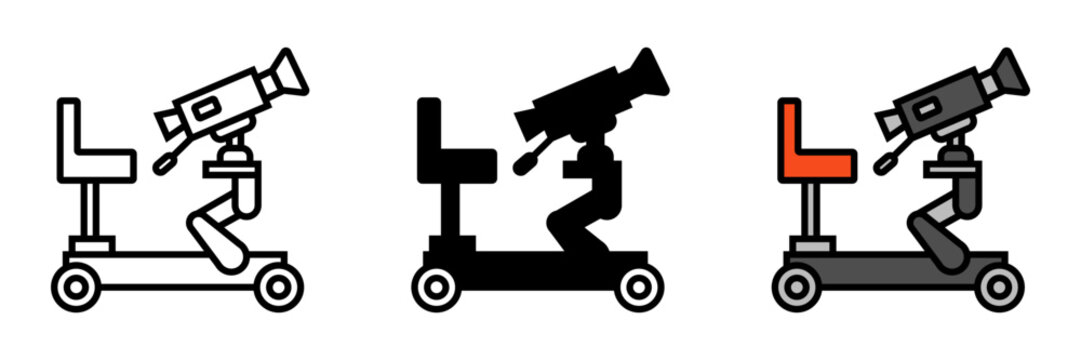 Camera Dolly Icon, an icon representing a camera dolly, a device used in filmmaking to achieve smooth camera movements. 