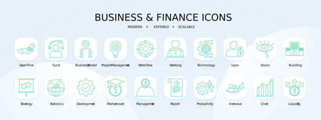 Business and finance icon collection with blue and green gradient outline style. interface, isolated, investment, stroke, lined, infographic, graph. Vector Illustration