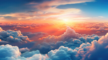 Beautiful sunset sky above clouds with dramatic light. Generative Ai