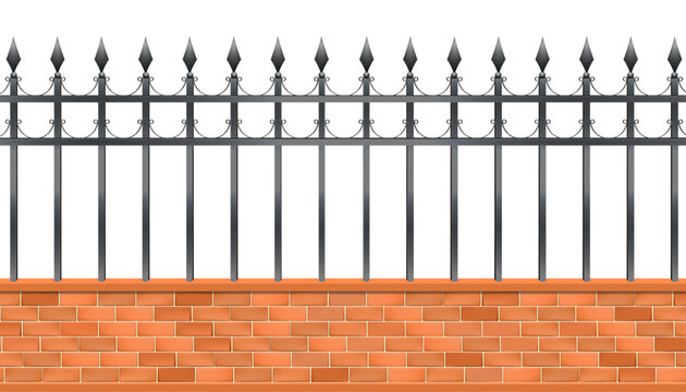Brick wall with fence.Wall with design.Isolated brick wall with railings.Wrought iron fence