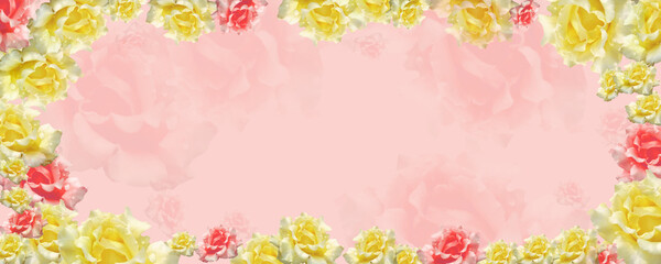 Dreamy gradient background with colorful roses  merging in a pastel colored flower composition. Floral border frame and copy space. Template banner