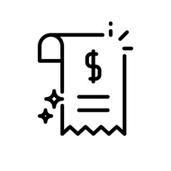 Receipt business and finance icon with black outline style. shop, form, lined, sale, retail, note, thin. Vector Illustration