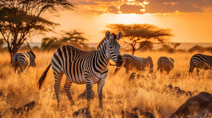 Naklejka premium Zebra at sunset in the Serengeti National Park. Generative Ai
