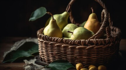 Closeup fresh pear in bamboo basket with blur background