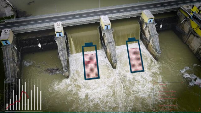 Hydroelectric power plant generating electrical energy - motion graphics render