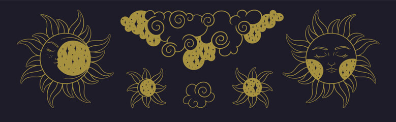 Tarot sun and moon golden set. Spiritual tarot elements with celestial and antique symbols. Vector illustration isolated in white background