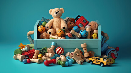 Toy box full of baby kid toys. Generative Ai