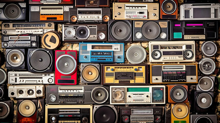 Obraz premium Vintage wall full of radio boombox of the 80s. Generative Ai