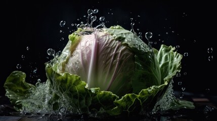 Obraz premium Cabbage hit by splashes of water with black blur background