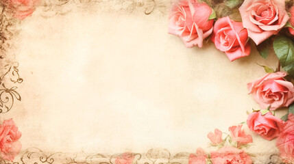 Fototapeta na wymiar Grunge floral background with pink roses and leaves. Vintage style. Generative AI