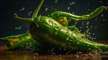 Green Chili hit by splashes of water with black blur background
