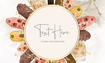 hand drawn vintage house and leaves watercolor background template