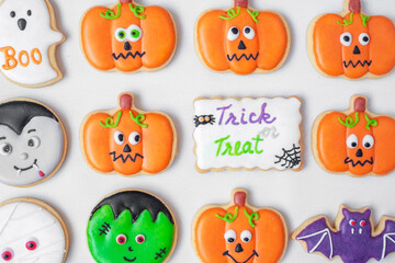Halloween funny Cookies set on white background. Trick or Threat, Happy Halloween, Hello October, fall autumn, Festive, party and holiday concept