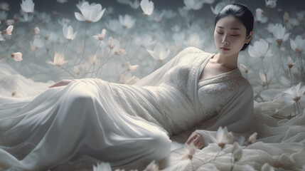 Beautiful asian woman in white dress lying on the flowers field, Generative AI