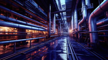 Fototapeta na wymiar Industrial zone, Steel pipelines, valves, cables and walkways. Generative Ai