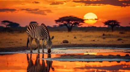 Foto auf Acrylglas Orange Zebra at sunset in the Serengeti National Park. Generative Ai