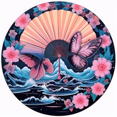 Japanese flower fan with moonlight and butterflies
